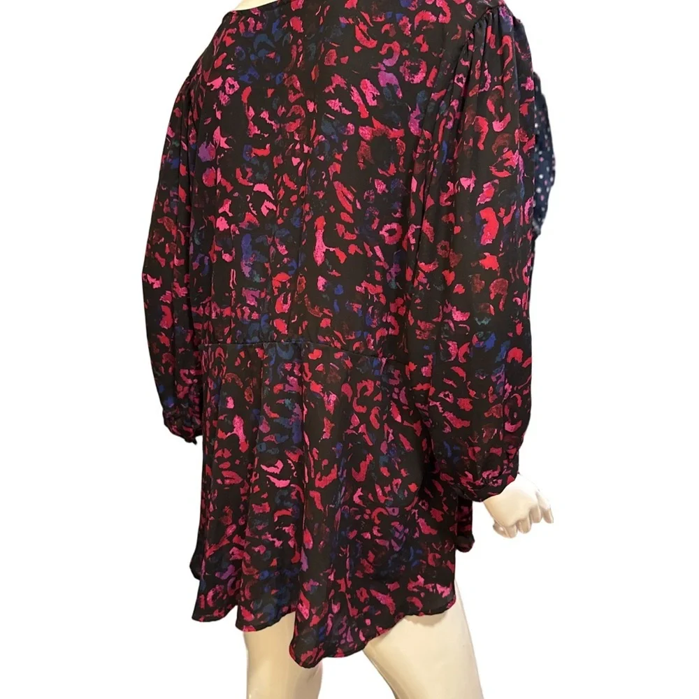 Torrid Peplum Georgette Tie Front Leopard Print  Blouse Plus Size 2X Black Pink - Picture 14 of 14
